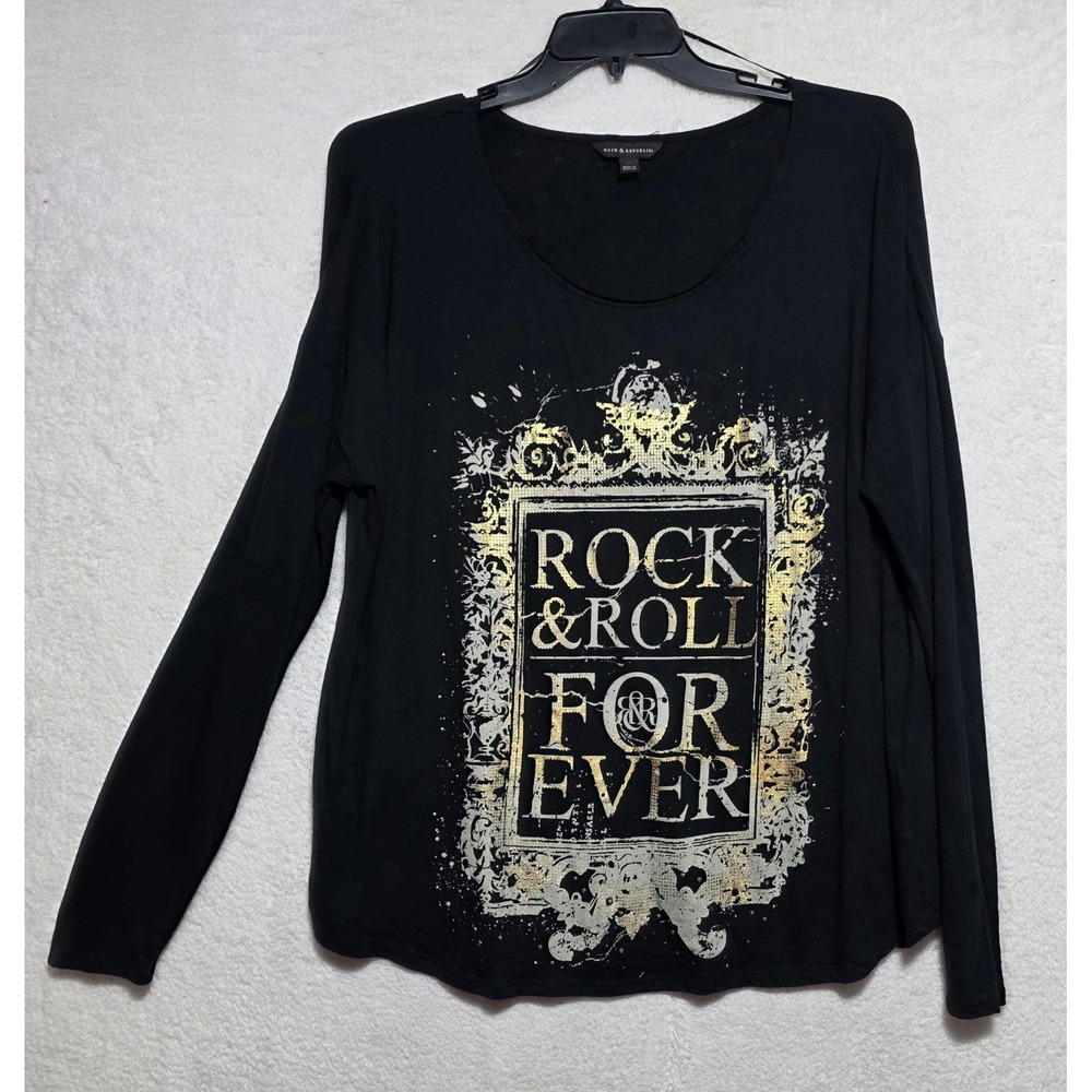 Rock & Republic Black Rock & Roll For Ever Graphic Long Sleeve Top XL Studded